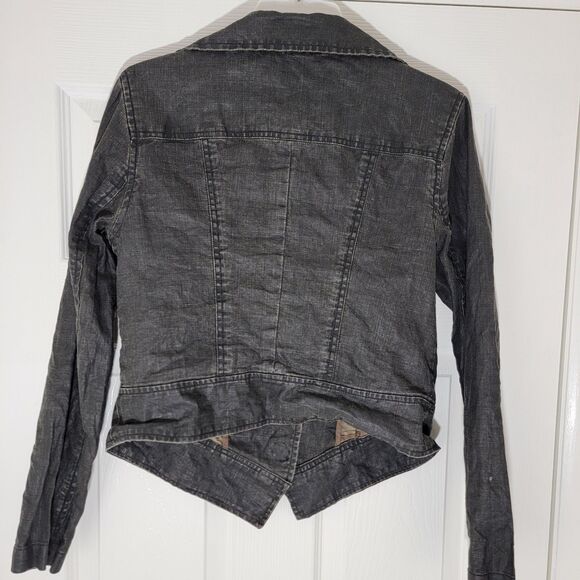 CAbi Waxed 100% Linen Black Cropped Moto Bomber Jacket Size M Stacked collar 901 - Picture 2 of 14